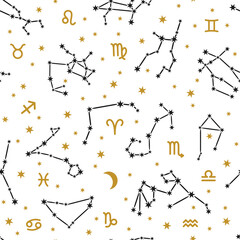 Seamless pattern with zodiacal constellations and signs. You can use for design wallpapers, on textile, fabric, packaging, wrapping paper. Vector illustration.