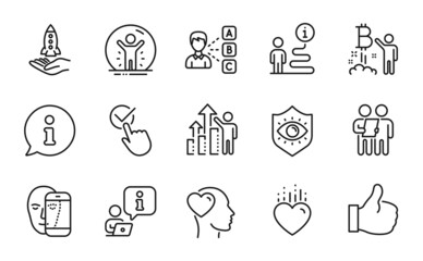 People icons set. Included icon as Friend, Eye protection, Face biometrics signs. Heart, Survey, Like symbols. Recovered person, Bitcoin project, Opinion. Checkbox, Employee results. Vector