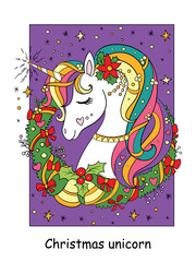 Cute unicorn head with christmas wreath vector illustration