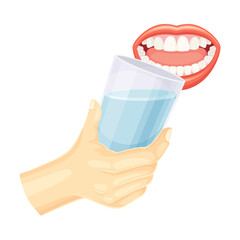 Mouth with healthy teeth and hand with glass of mouthwash. Oral hygiene, dentistry vector illustration