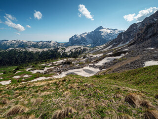 Obraz premium North Caucasus. Caucasian nature reserve. Lago-Naki Plateau in spring. Armenian pass and mount Fisht.