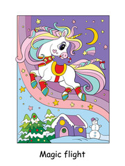 Cute christmas flying unicorn vector color illustration