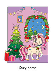 Cute unicorn in a cozy house vector illustration