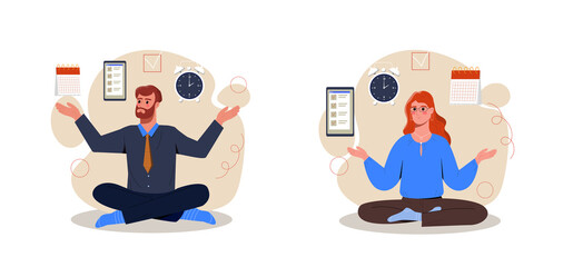 Self discipline or self control. Set of man and woman sit in lotus position, manage time and complete work. Achieving success in business. Cartoon flat vector collection isolated on white background
