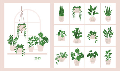 Vector calendar 2023 with cover and illustrations of houseplants in pots. - obrazy, fototapety, plakaty