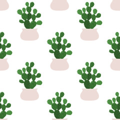 Cactus opuntia. Vector seamless pattern of a houseplant in a pot on a white background.