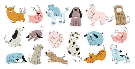 Set of different doodle dogs. Colorful bunch of stickers with cute fluffy puppies in different poses. Funny animals with smiling faces. Cartoon flat vector collection isolated on white background