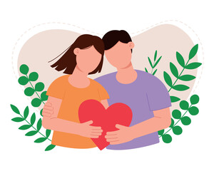 Family concept. Man and woman hugging heart on a background of green plants. Vector illustration