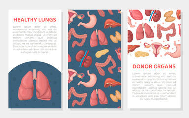 Donor organs banner template. Transplantatology, human anatomy medical brochure, cover, card with tex