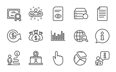 Education icons set. Included icon as Check investment, Hand click, Bar diagram signs. View document, Video conference, Pie chart symbols. International Ð¡opyright, File, Recovery server. Vector
