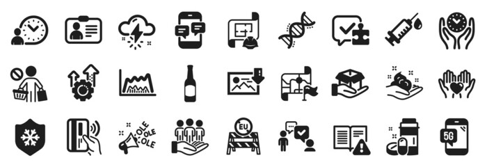 Set of Business icons, such as Time management, Chemistry dna, Eu close borders icons. Seo gear, Beer, Trade chart signs. Safe time, Skin care, Hold heart. Id card, Engineering plan. Vector