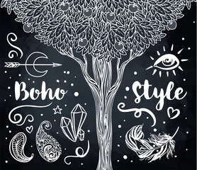 Gypsy Love: Set of Ornamental Boho Style Elements. Vector illustration. Tattoo template. Trendy hand drawn tribal symbol collection. Hippie design elements. Coloring book pages for adults.