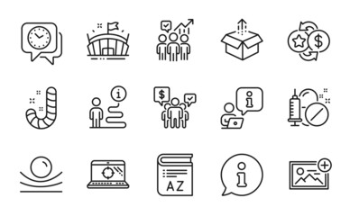 Business icons set. Included icon as Loyalty points, Candy, Medical drugs signs. Arena, Clock, Vocabulary symbols. Send box, Business statistics, Elastic material. Seo laptop, Add photo. Vector