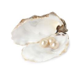 Open oyster shell with pearls on white background