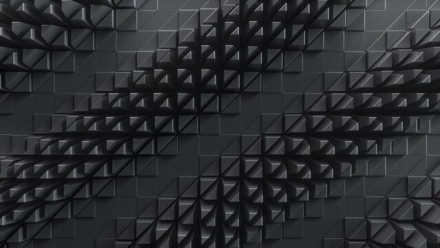 cycled 3d animation, abstract black geometrical background with industrial texture, nano technology, equalizer with waves