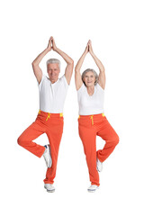 Senior couple exercising isolated on white background