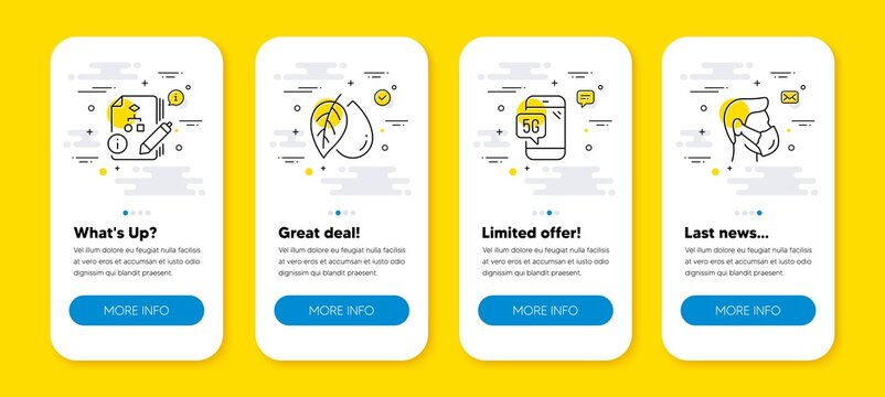 Vector set of Algorithm, 5g phone and Mineral oil line icons set. UI phone app screens with line icons. Medical mask icon. Project, Wifi internet, Organic tested. Respirator. Phone UI banners. Vector