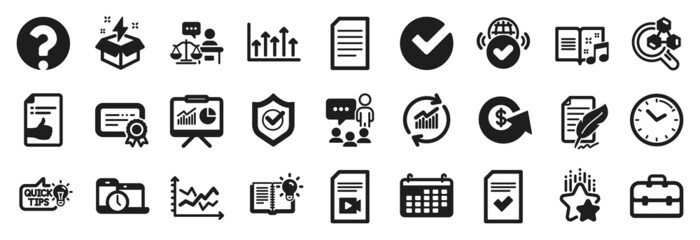 Fototapeta na wymiar Set of Education icons, such as Creative idea, Ranking stars, Growth chart icons. Checked file, Verify, Question mark signs. Diagram chart, Presentation, Time management. Verified internet. Vector
