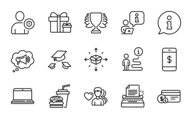 Line icons set. Included icon as Man love, Winner, Security signs. Parcel delivery, Throw hats, Surprise package symbols. Notebook, Megaphone, Hamburger. Smartphone payment, Typewriter. Vector