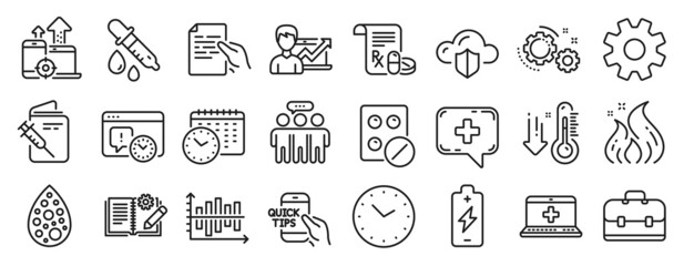 Set of Science icons, such as Calendar time, Engineering documentation, Time icons. Cloud protection, Vaccination passport, Chemistry pipette signs. Diagram chart, Hold document, Education. Vector