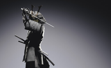 3D illustration of a samurai wearing Japanese armor and holding a sword. - obrazy, fototapety, plakaty