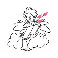 A valentine illustration of cute cupid boy with heart-shaped sitting on the cloud.