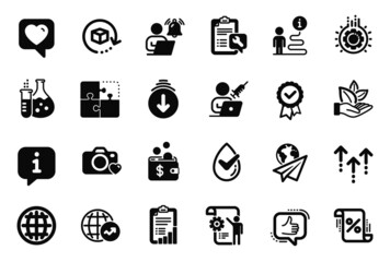 Vector Set of Technology icons related to Gear, Loan percent and Scroll down icons. Organic product, Photo camera and Dermatologically tested signs. User notification, World statistics. Vector