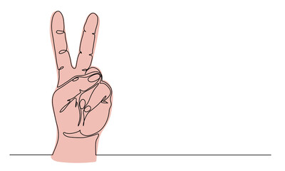 Peace, victory, v hand gesture with two fingers. One continuous line art drawing vector illustration of peace sign