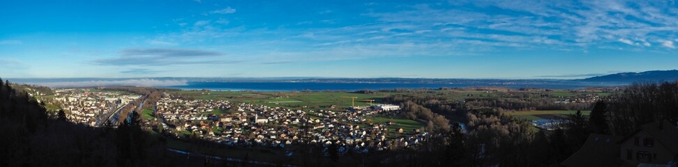 Panoramic view from the hills towards Lake Constance, Switzerland
