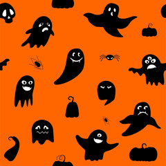 The silhouette of ghosts. Helloween seamless pattern with pumpkin, ghost, spider.