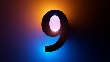 3d render, number nine silhouette, digital math symbol, illuminated with yellow blue gradient neon light