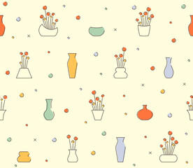 Flowers in vases and flower vases, seamless vector background.