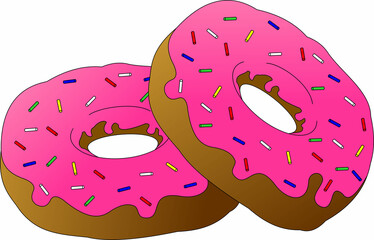 a pair of delicious donuts with pink icing and colorful sprinkles