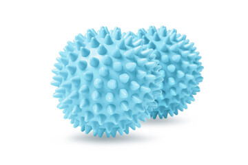 Two blue spiny massage balls isolated on white. Concept of physiotherapy or fitness. Closeup of a colorful rubber ball for dog teeth on a white color background. Corona virus model.