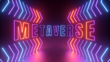 3d render, abstract panoramic background with geometric arrows and metaverse sign glowing with neon light