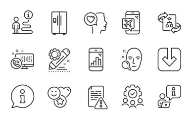 Technology icons set. Included icon as Instruction manual, Load document, Project edit signs. Technical algorithm, Smile, Graph phone symbols. Teamwork, Web call, Flight mode. Face search. Vector