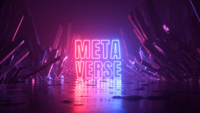 3d render, abstract fantastic background with cosmic landscape with crystals and Metaverse word glowing with neon light