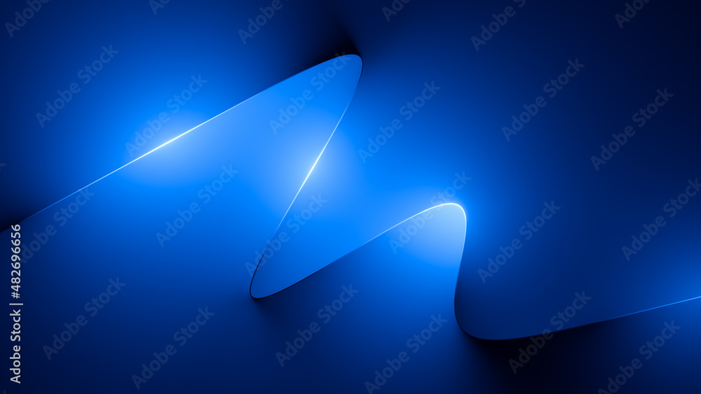Poster 3d render, abstract simple background with glowing wavy line illuminated with blue neon light. futur