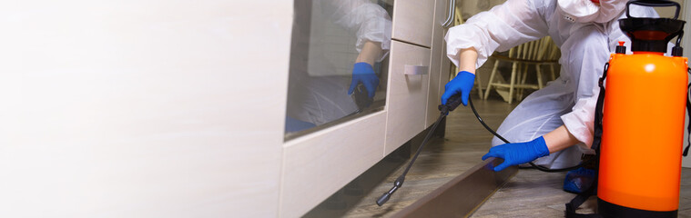 An exterminator in work clothes sprays pesticides with a spray gun. Fight against insects in...