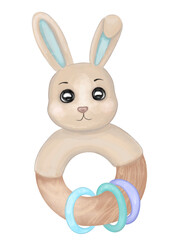 Watercolor baby bunny rattle. Hand drawn wooden baby toy with cute rabbit, isolated on white background. Design for baby parties, cards, invitations, textile, baby showers, wrapping designs.