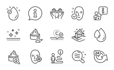 Beauty icons set. Included icon as Wash hands, Health skin, Clean skin signs. 24 hours, Vitamin e, Night cream symbols. Moisturizing cream, Oil drop line icons. Clean face, Repeat, Oil drop. Vector