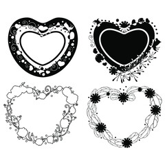 A set of hearts. Ornaments of black silhouettes. Flowers drawn in the shape of a heart. The frame is the heart. Floral pattern on the edge of the heart.For key chains and mugs.