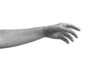 A hand trying to touch or reach out someone or something on white background. Black and white minimal arm concept. Hand gesture.