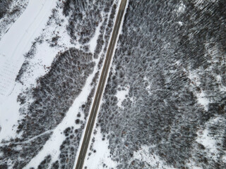 High angle top down aerial view drone image on road trough the trees and forest in mountain range covered with white snow in winter day near Knjazevac in Serbia - Travel journey and vacation concept