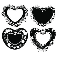A set of hearts. Ornaments of black silhouettes. Flowers drawn in the shape of a heart. The frame is the heart. Floral pattern on the edge of the heart.For key chains and mugs.