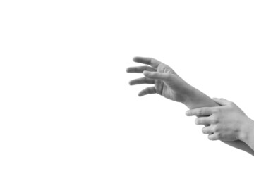 Stop! Don't go there. Do not touch that. Hand that tries to reach someone or something, and the other hand does not allow it. Black and white minimal arms gesture concept on white background.