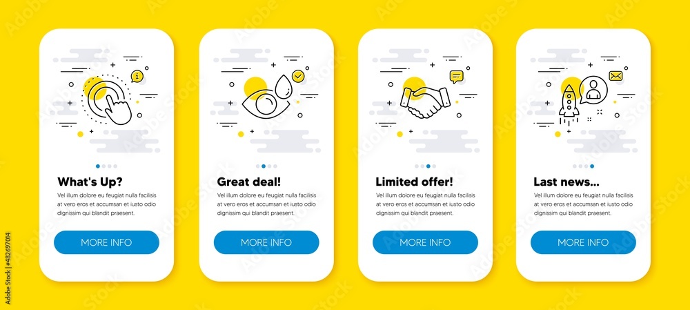 Poster vector set of click hand, employees handshake and eye drops line icons set. ui phone app screens wit