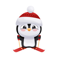 Cute penguin in Santa hat skiing. Adorable funny baby bird cartoon character. New year and Christmas design vector illustration