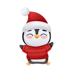 Cute happy penguin in red sweater and Santa hat. Adorable funny baby bird cartoon character. New year and Christmas design vector illustration