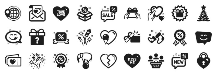 Set of Holidays icons, such as Love lock, Christmas tree, Hold heart icons. Yummy smile, Discount medal, World travel signs. Discounts bubble, Fireworks, Smile face. Love letter, Buyers. Vector